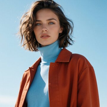 Young woman with brown hair and blue eyes wears a light blue turtleneck and terracotta jacket. She looks directly at the camera against a clear blue sky backdrop.