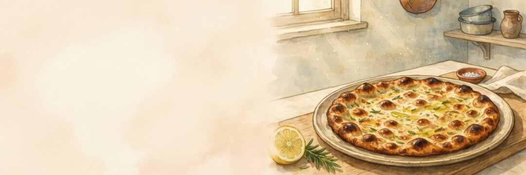 The national dish of Italian cuisine. 
Farinata is a thin Ligurian flatbread made from chickpea flour, olive oil and rosemary, baked in a wood&mdash;fired oven until crisp. A banner with space for the text.