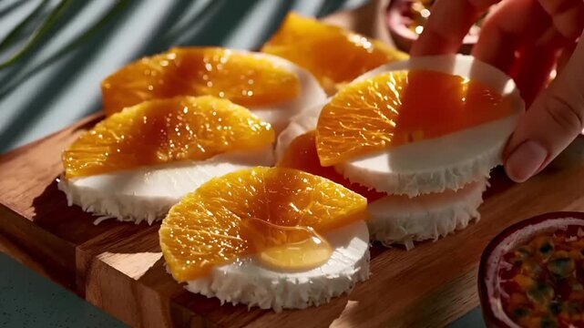 Summer hot vibe lifestyle. A closeup of a wooden cutting board displays a collection of sliced oranges and pomegranates. The oranges are bright orange with a glossy sheen.