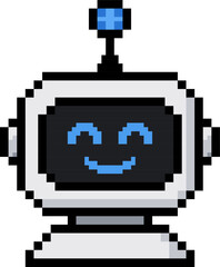 Fototapeta premium Pixel art vector illustration of a cute smiling robot head chatbot avatar in retro 8-bit gaming style. 
