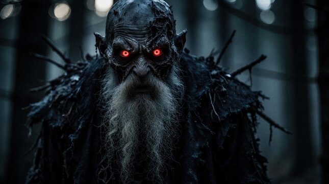 Old creature with glowing red eyes stands in dark forest. Gloomy scary figure wears tattered clothes. Spooky menacing character lurks in woods at night.