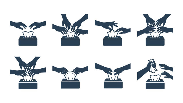 Set of human hands taking tissues from a tissue box icon collection.