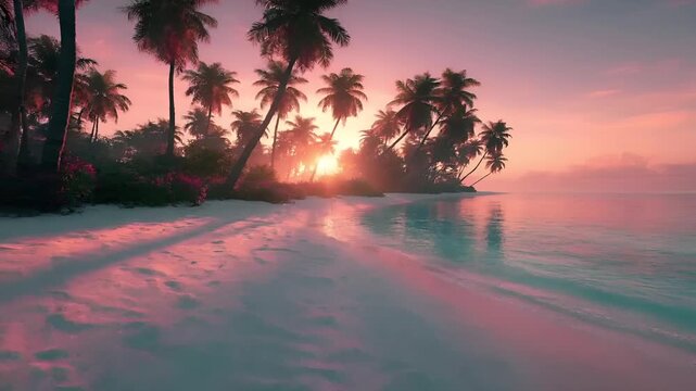 Summer hot vibe lifestyle. A vivid depiction of a tropical beach at sunset. The sky is painted in hues of pink, purple, and orange, with the sun casting a warm glow over the scene. Tall.