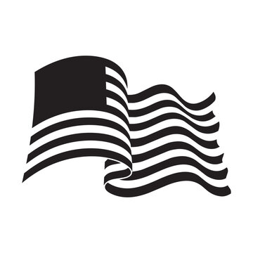Black and white vector illustration of a stylized waving American flag icon