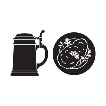 Traditional German beer stein and schnitzel plate vector icon set