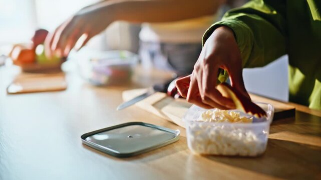 Closeup hands packing healthy lunch box kitchen. Meal prep sandwich fruit food
