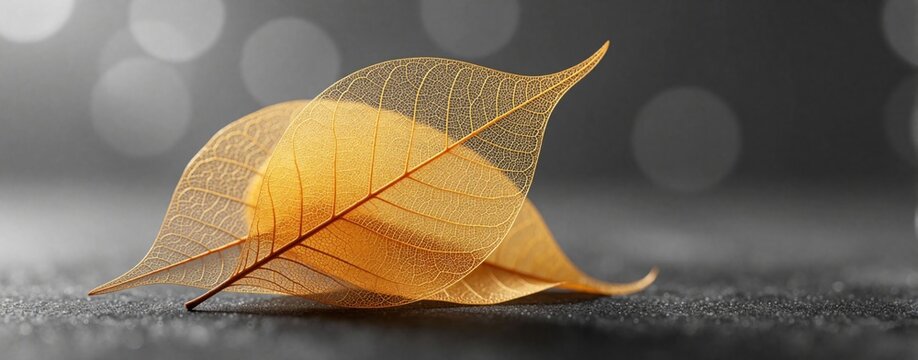 Delicate golden skeleton leaves rest on dark textured surface. Veined structure visible with blurred bokeh background lights. Seasonal natural detail.