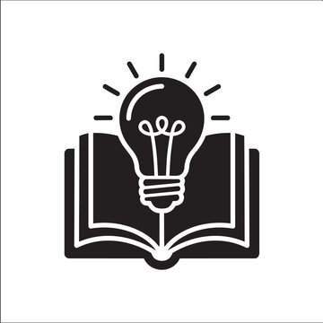 Black vector icon of a glowing light bulb emerging from an open book