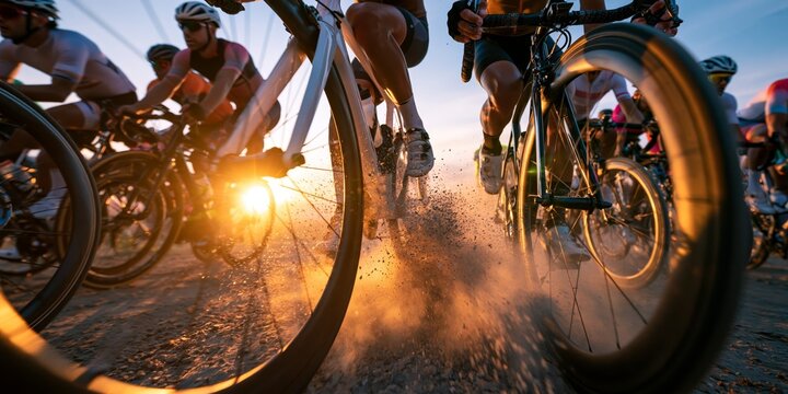Cyclists racing on a dusty dirt road kicking up dust during golden hour sunset with warm backlighting.