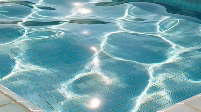Summer hot vibe lifestyle. A closeup of a swimming pools surface shows the ripples and reflections of the water. The water is a vibrant turquoise color.