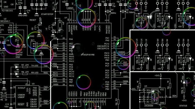 Video animation with schematic diagram of electronic device and flying soap bubbles.
Drawing electrical circuit with capacitor, resistor, 
controller, cpu. Animated effect, beautiful screensaver.