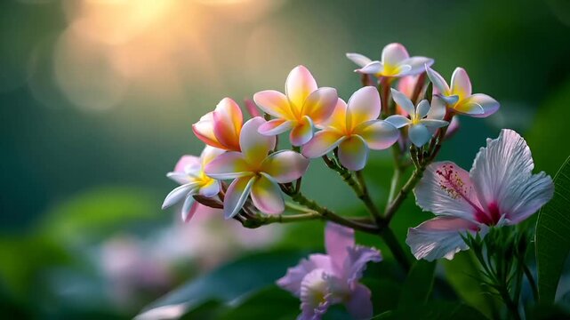 Summer hot vibe lifestyle. A closeup of a vibrant bouquet of flowers. The main subject is a cluster of pink and white frangipani flowers with yellow centers.
