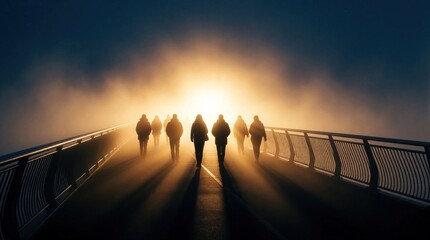 Obraz premium Silhouettes of group people walk on bridge towards bright glowing light. Dark night atmosphere with heavy fog, mist. Travelers move forward on path into unknown future. Symbolic vision of hope