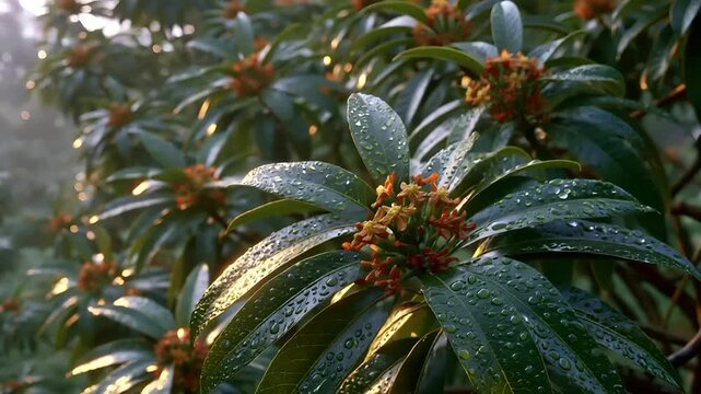 Summer hot vibe lifestyle. A closeup of a tropical plant with glossy, dark green leaves covered in numerous dew droplets. The droplets glisten in the sunlight.