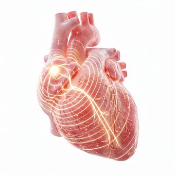 Human heart anatomy with glowing electrical conduction system pathways, electrical