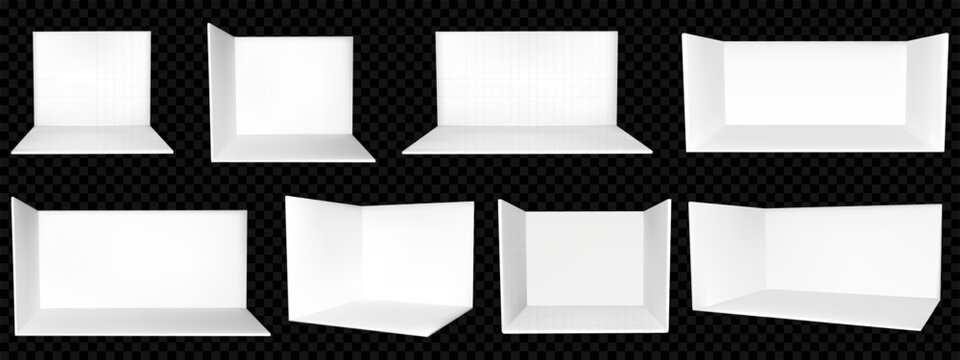 3d booth room stand mockup for display. Trade show mock up box for event. Empty white corner wall and blank floor vector. Presentation space setup for store on tradeshow. Exhibit office for promotion