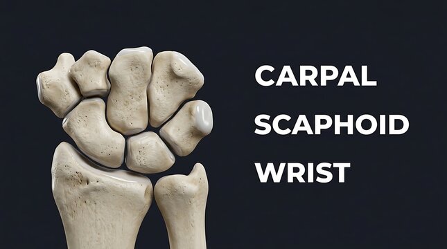 Anatomical view of human carpal scaphoid bone in wrist skeleton with scaphoid