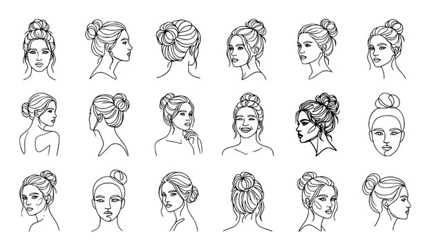 Collection of minimalist line art portraits of women with messy hair buns in various poses and angles