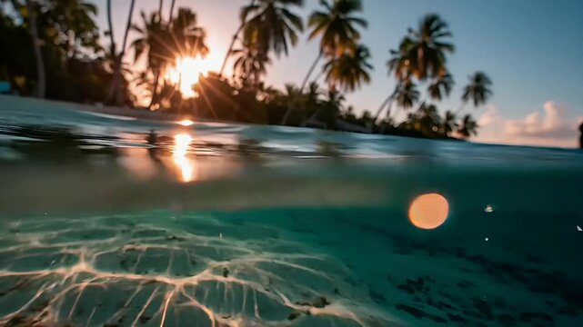 Summer hot vibe lifestyle. A vivid, actionpacked shot of a tropical beach at sunset. The sun casts a warm, golden light over the water, creating a shimmering effect.