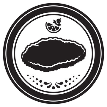 Black and white vector badge featuring schnitzel, lemon slice, and parsley