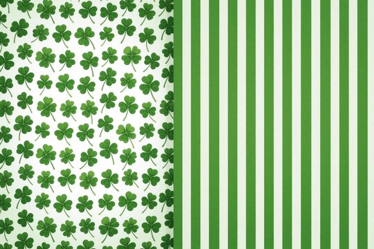 Green clovers repeat on white surface beside green white stripes pattern. Texture for fabric decor projects wallpaper background design or graphic art element.