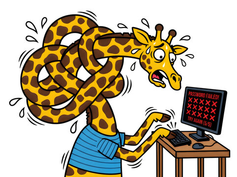 Cartoon giraffe using computer with shocked expression and sweating