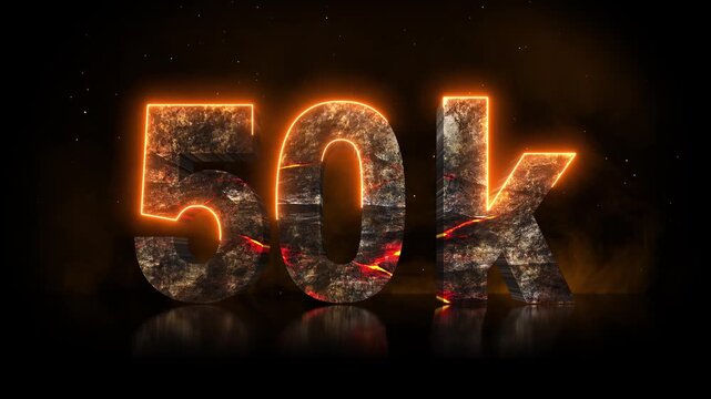 Cinematic 3D 50K milestone title reveal carved from volcanic rock with glowing lava cracks, drifting smoke and embers, celebrating followers and subscribers