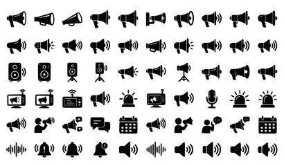 Fototapeta premium Collection of black megaphone and communication icons for marketing advertising and social media notification design elements
