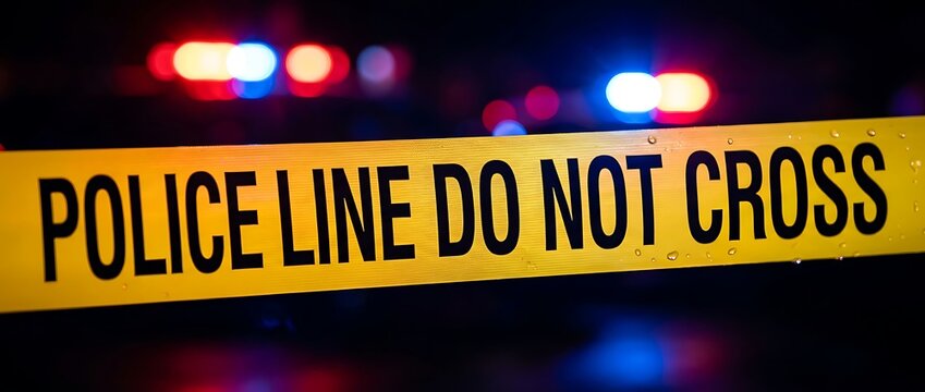 Yellow Caution Tape Marking a Crime Scene Perimeter Against Blurry Police Vehicle Emergency Flashing Light Background