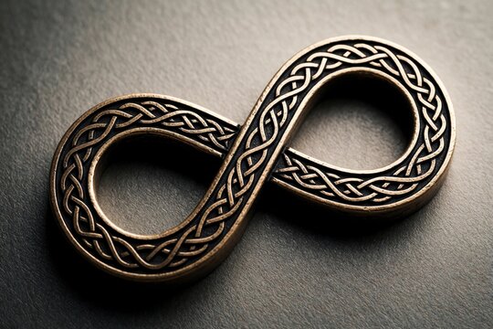 Ornate infinity symbol pendant features intricate knotwork in antique gold finish. This elegant accessory symbolizes eternity and connection, perfect for jewelry designs.