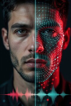 Portrait of young man with split face showing real skin, digital biometric mesh scan. Tech interface visualizes human identity verification for security. Ai software analyzes facial data points plus