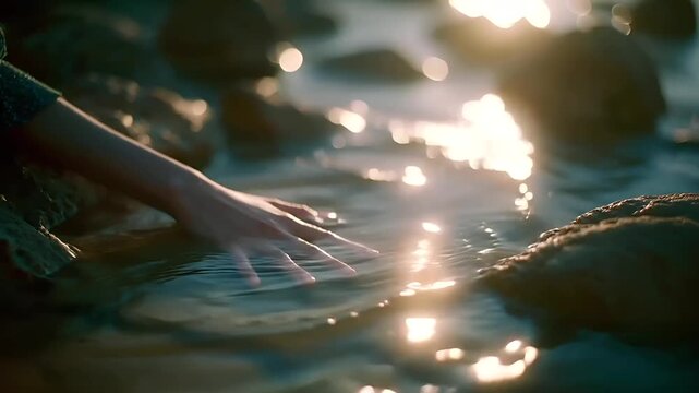 Summer hot vibe lifestyle. A closeup shot of a persons hand reaching out of shallow water, bathed in the warm glow of the setting sun. The hand is positioned on a rocky shoreline.