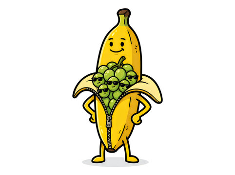 Cartoon banana with grapes unzipping its peel standing happily