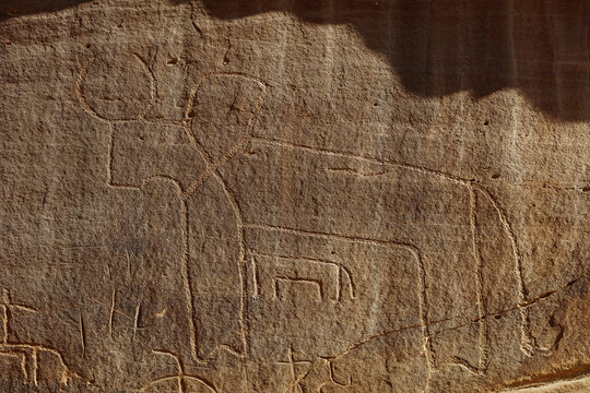 View of an ancient rock carving depicting an animal figure on a textured sandstone surface in the Kirthar mountain range near Johi, Sindh, Pakistan.