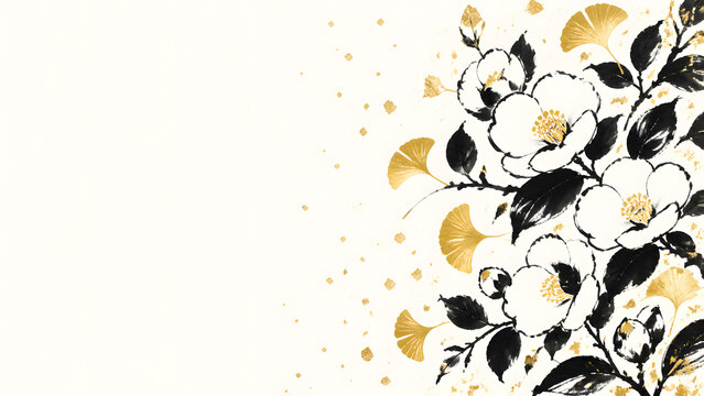Elegant Japanese sumi-e style background with camellia and golden ginkgo leaves