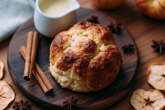 Overhead flat lay of a freshly baked apple dumpling on a wooden board, surrounded by cinnamon sticks, dried apple slices, and a small jug of cream