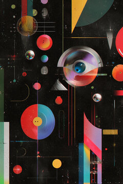 Abstract Bauhaus style geometric collage artwork with colorful shapes line art and surreal eye element on dark background