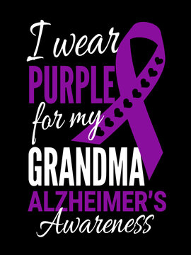 A bold purple ribbon with heart accents signifies support for Alzheimer's awareness. The text highlights a personal connection to the cause.