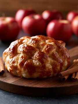 Rustic apple dumpling with lattice pastry on a wooden cutting board, surrounded by fresh red apples and cinnamon sticks in a warm kitchen setting