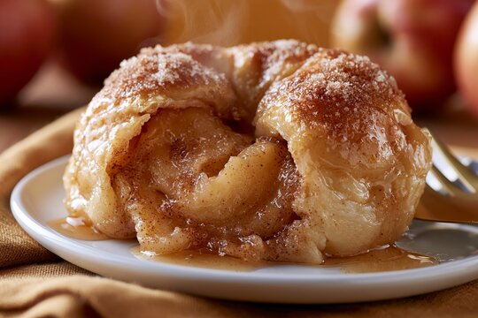 Apple dumpling cut open on a white plate, revealing warm cinnamon apple filling, with fresh apples and a brown cloth in the background