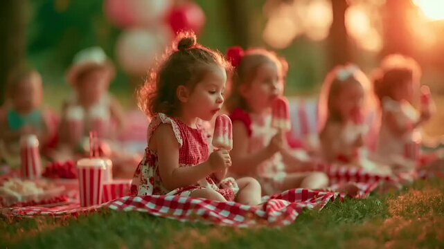 Summer hot vibe lifestyle. A vibrant outdoor scene captures a candid moment of children enjoying a picnic. The main subject is a young girl with curly hair, wearing a red and white patterned dress.
