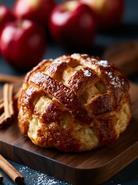 Rustic apple dumpling with a lattice pastry crust on a wooden board, surrounded by fresh red apples and cinnamon sticks, creating a warm, inviting presentation