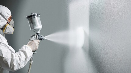 Obraz premium Pro painter uses spray gun to coat wall with white paint. Worker wears protective suit, respirator mask for safety during renovation process. Tool sprays fine mist onto surface for smooth finish in