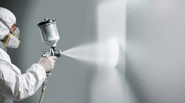 Pro painter uses spray gun to coat wall with white paint. Worker wears protective suit, respirator mask for safety during renovation process. Tool sprays fine mist onto surface for smooth finish in