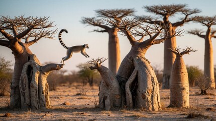 Fototapeta premium Ring-tailed lemur leaps between thick baobab trees in Madagascar savanna. Exotic primate jumps through dry landscape during golden sunset. Wild animal shows agility amidst strange shaped trees, warm