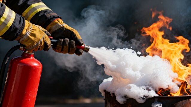 A close-up shot of a firefighter using a fire extinguisher to put out a fire in a metal drum.