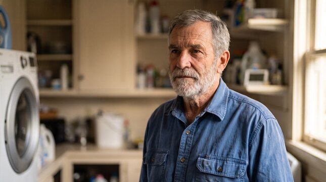 Serious mature bearded handyman standing in a messy basement room