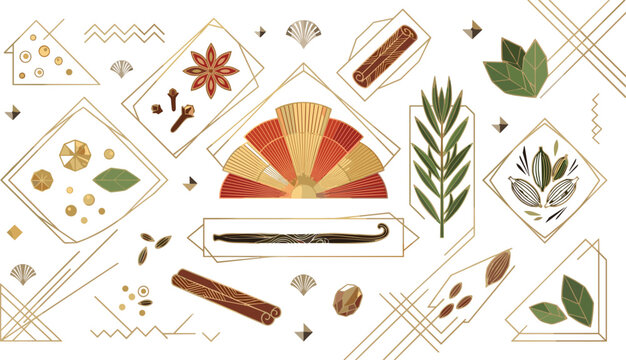 Art Deco Luxury Spice and Herb Illustration Set with Decorative Oriental Fan Star Anise Cinnamon Sticks Vanilla Pod Cardamom and Geometric Frame Accents Vector