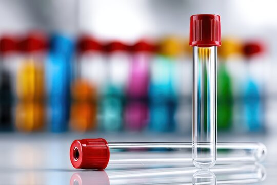 Two laboratory test tubes with red caps on reflective surface with colorful blurred test tubes background in scientific or medical research setting