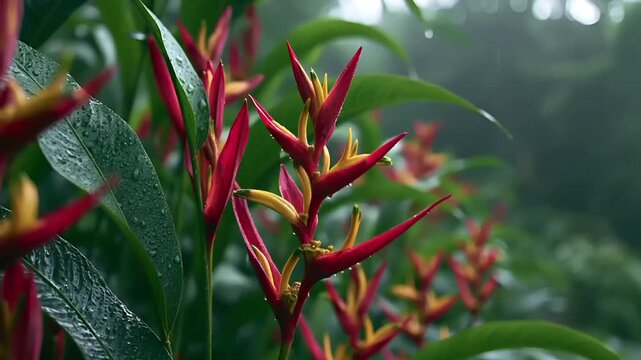 Summer hot vibe lifestyle. A closeup of a tropical plant with vibrant red and yellow flowers and lush green leaves. Water droplets glisten on the leaves, indicating recent rain.